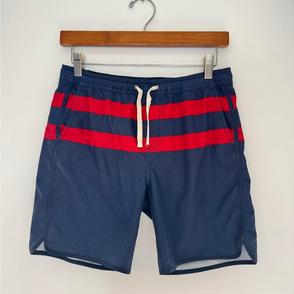 Fair Harbor Kids Navy and Red Striped Swim Trunks